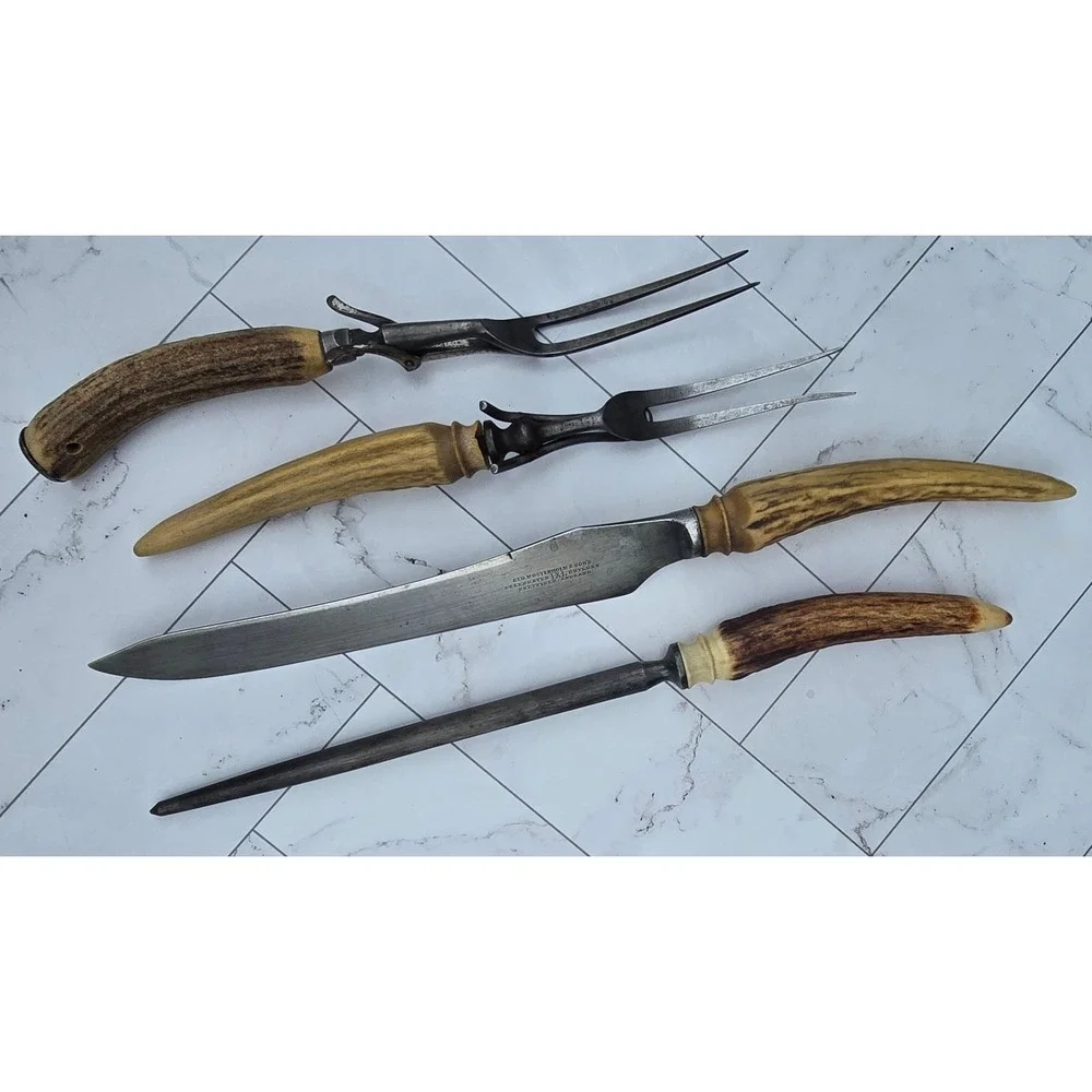 Antique Geo Wostenholm & Sons IXL Sheffield Stag Horn Handle 4pc Carving Set